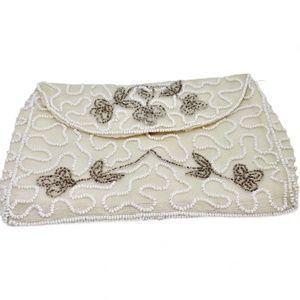 Belgium White Beaded Evening MCM Clutch Bag Seed Beads 6.5" x 4.5" Hand Made VTG
